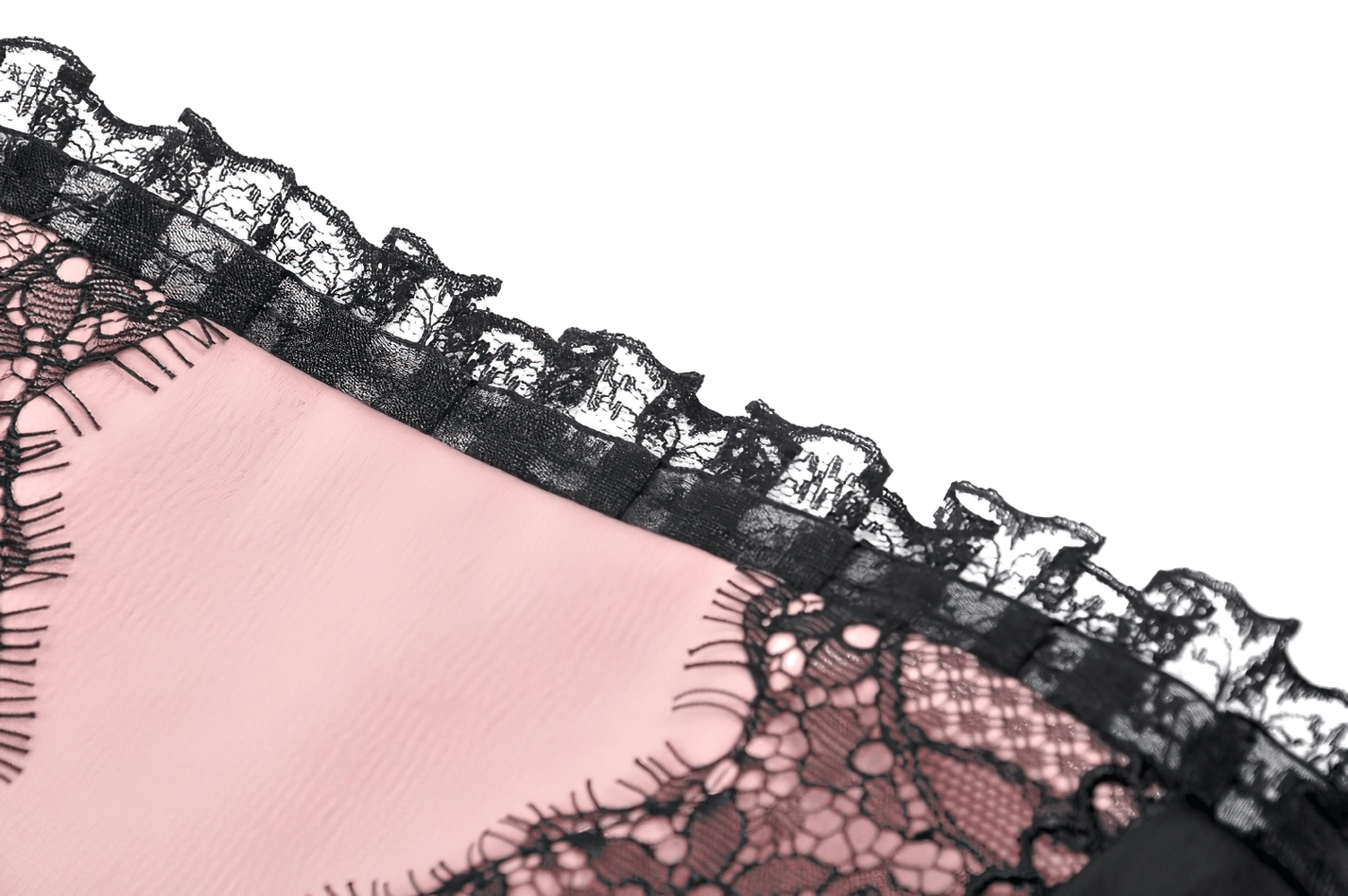 Close-up of lace trim on a black and pink layered mini dress, showcasing gothic elegance and Victorian design.