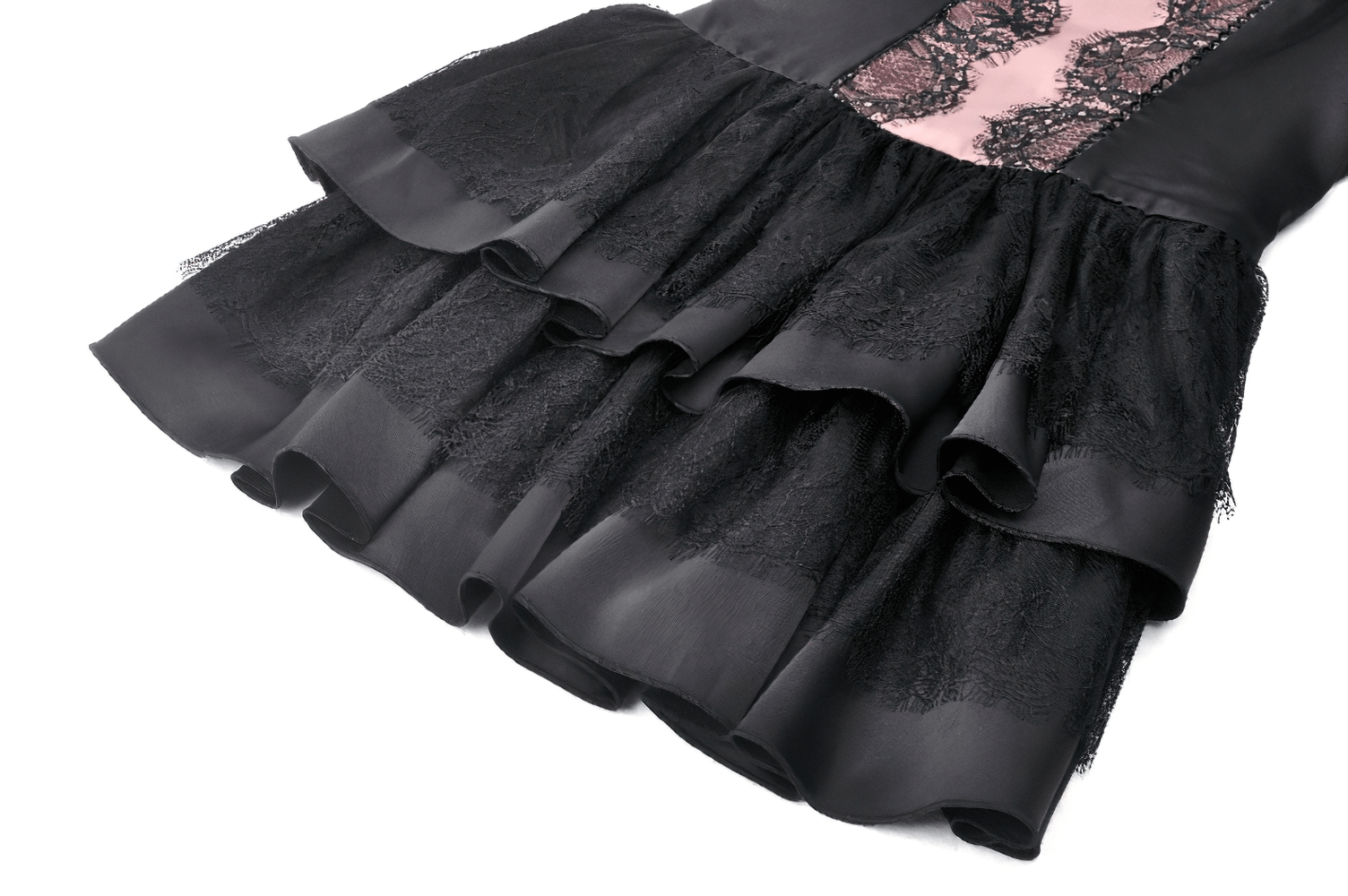 Victorian-inspired black pink lace mini dress with ruffles, showcasing intricate lace detailing and layered skirt.