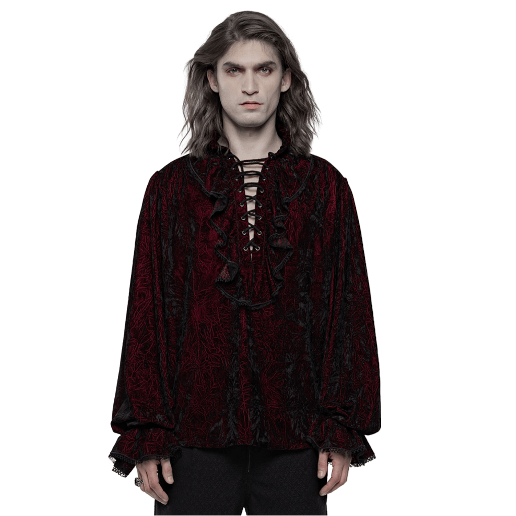 Victorian Inspired Crimped Velvet Gothic Shirt for Men, featuring a unique lace-up design in rich burgundy.