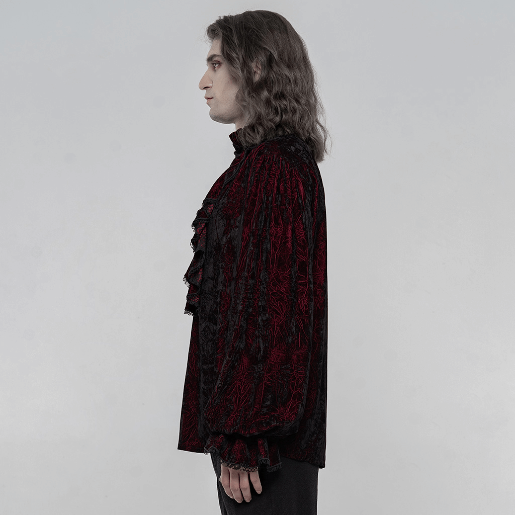 Side view of a man wearing a Victorian-inspired crimped velvet gothic shirt in deep red and black.