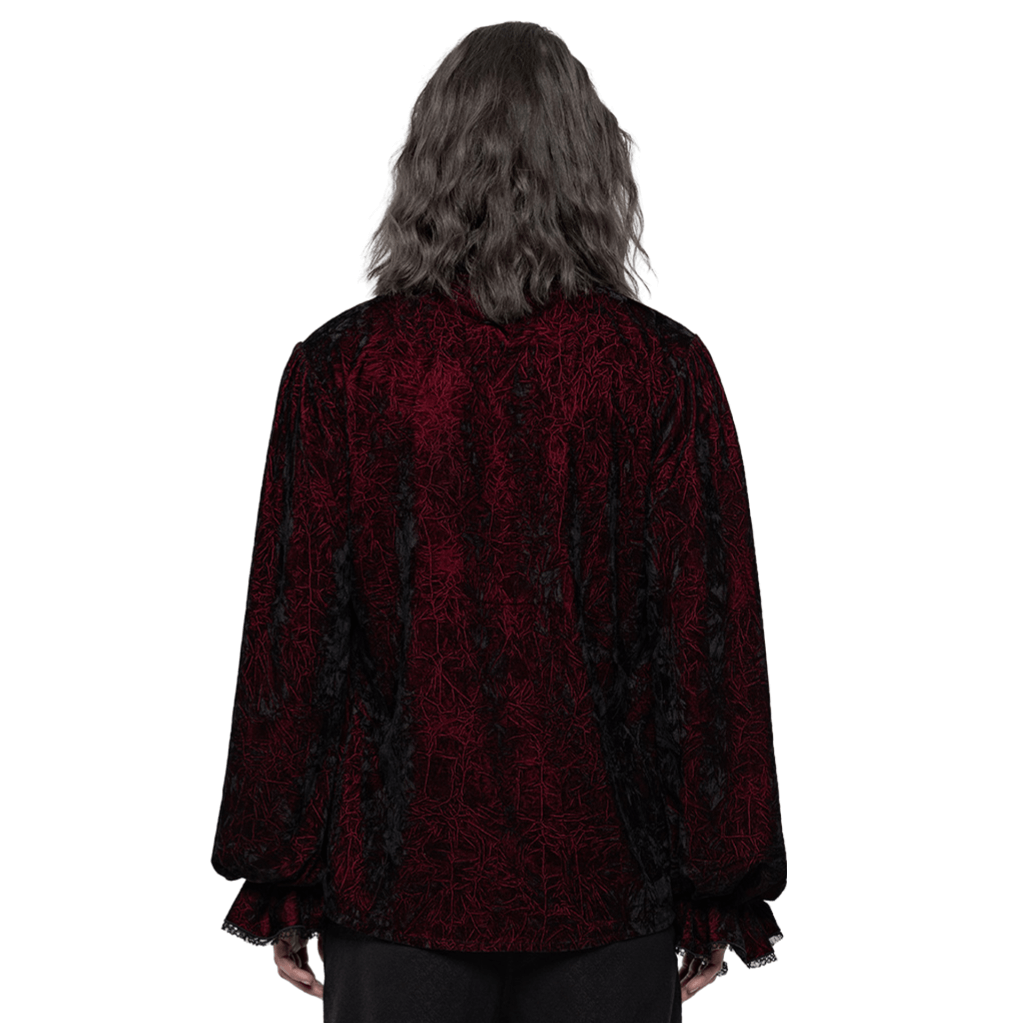 Back view of Victorian Inspired Crimped Velvet Gothic Shirt for men in dark red with intricate pattern and loose fit.