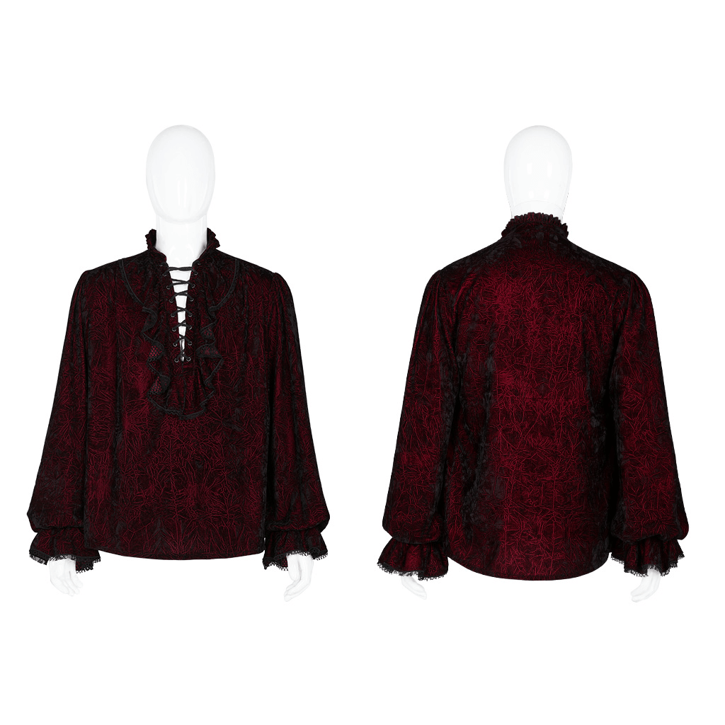 Victorian inspired crimped velvet gothic shirt for men, showcasing ruffle details and unique lace-up front.