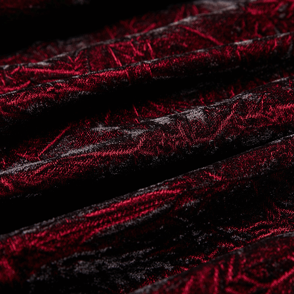 Close-up of rich red crimped velvet fabric, showcasing the luxurious texture for a gothic Victorian shirt.