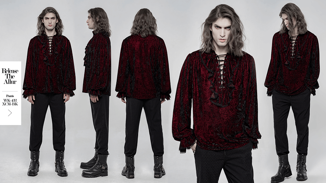 Victorian-inspired crimped velvet gothic shirt for men, featuring a unique front rope design and loose fit for vintage elegance.