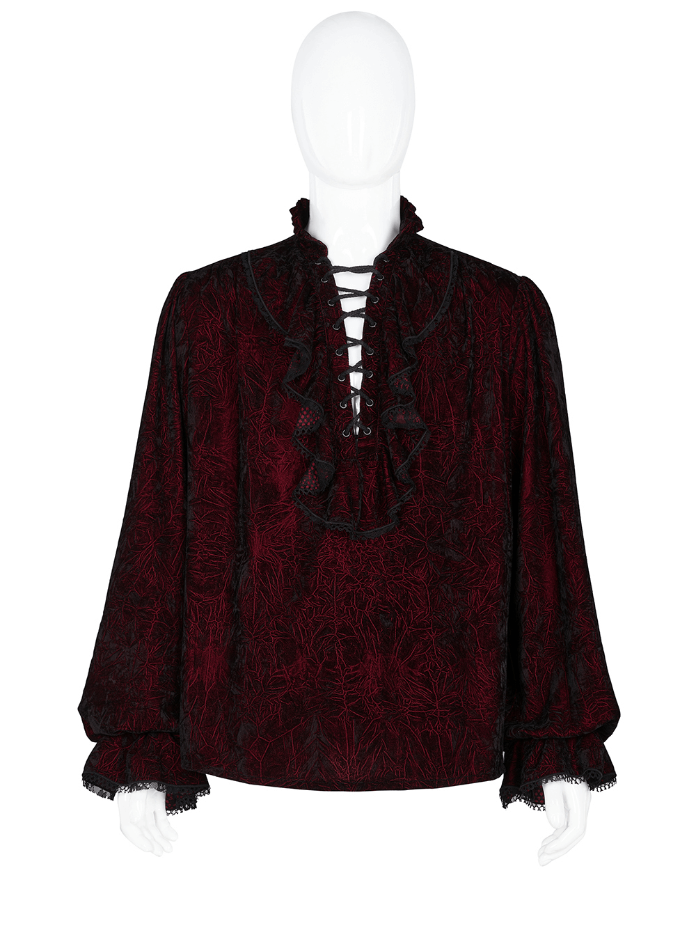 Victorian inspired crimped velvet gothic shirt for men with unique lace-up front design and ruffled collar.