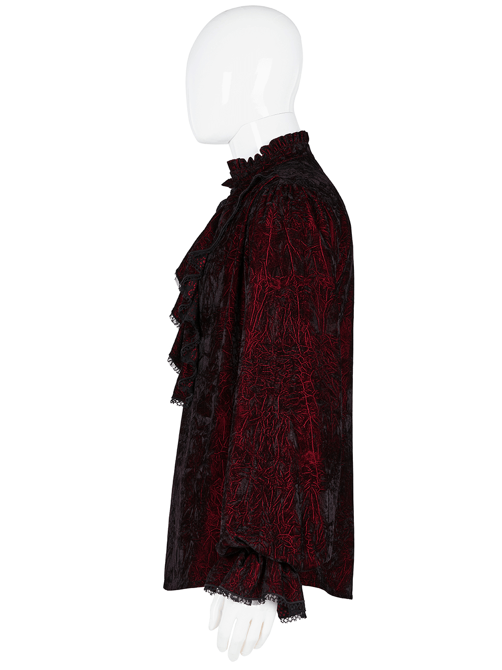 Victorian Inspired Crimped Velvet Gothic Shirt for Men in rich red, featuring a textured design and loose-fitting silhouette.
