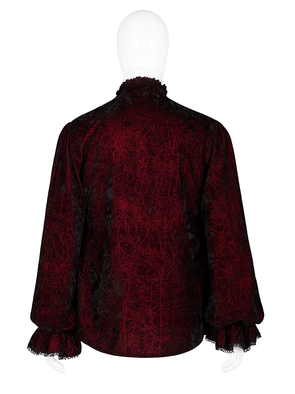 Back view of Victorian-inspired crimped velvet gothic shirt for men, featuring elegant ruffles and rich red fabric.