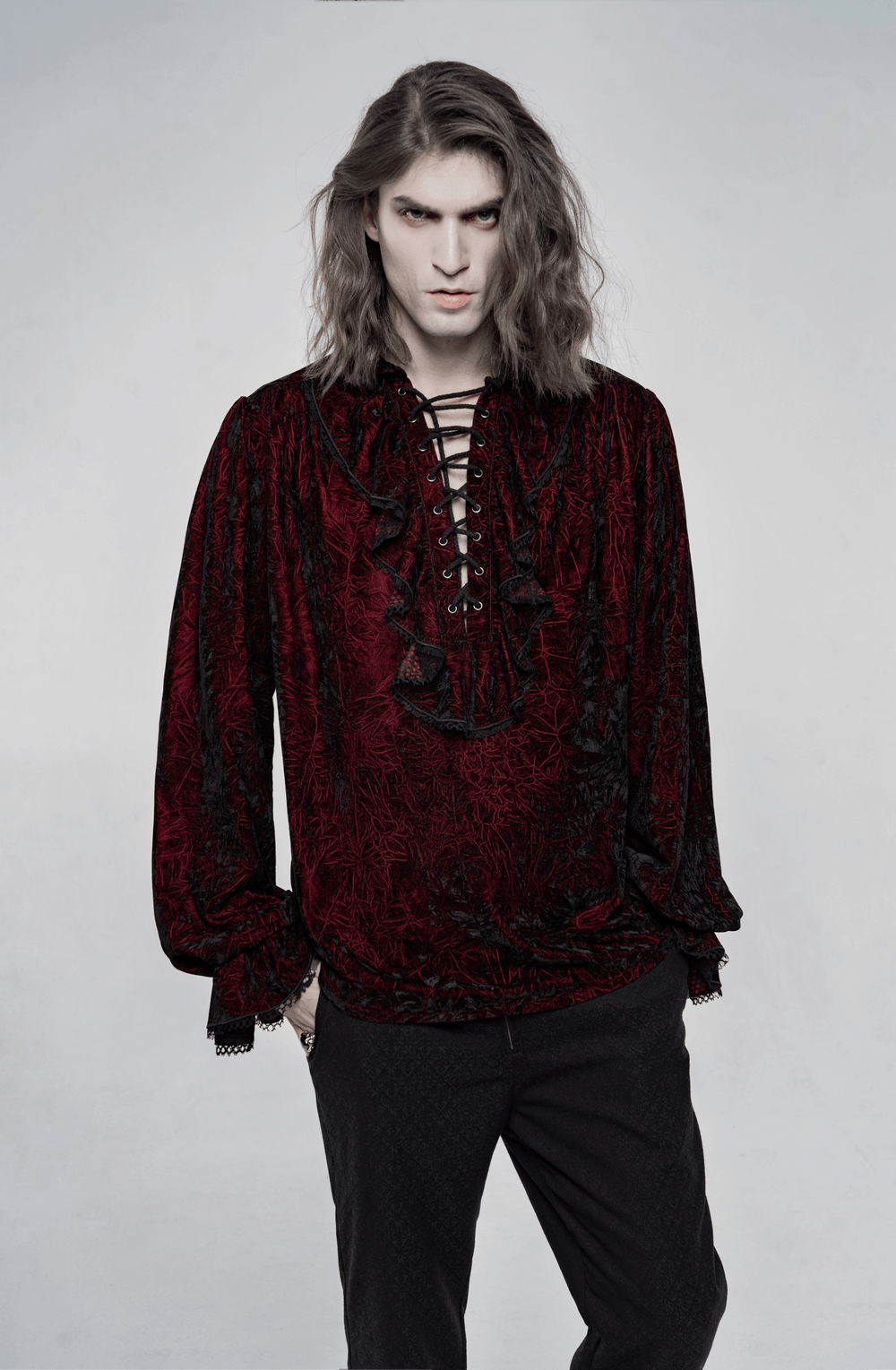 Victorian Inspired Crimped Velvet Gothic Shirt for Men in rich crimson with unique lace-up front design.
