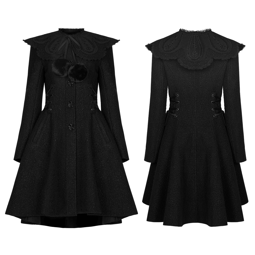 Victorian-inspired black woollen coat with detachable fur collar and elegant retro buttons.