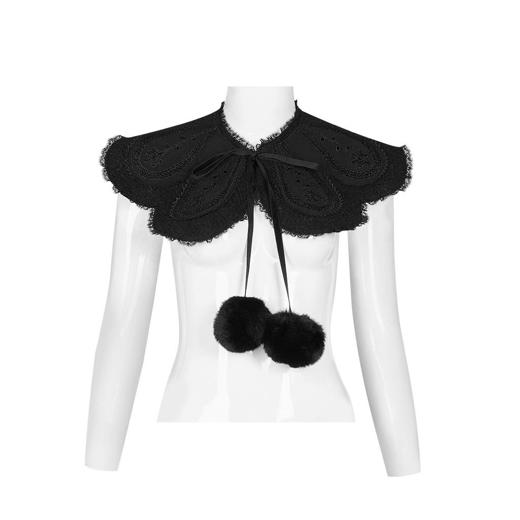 Victorian-inspired black detachable collar with lace trim and furry pom-poms, perfect for goth fashion enthusiasts.
