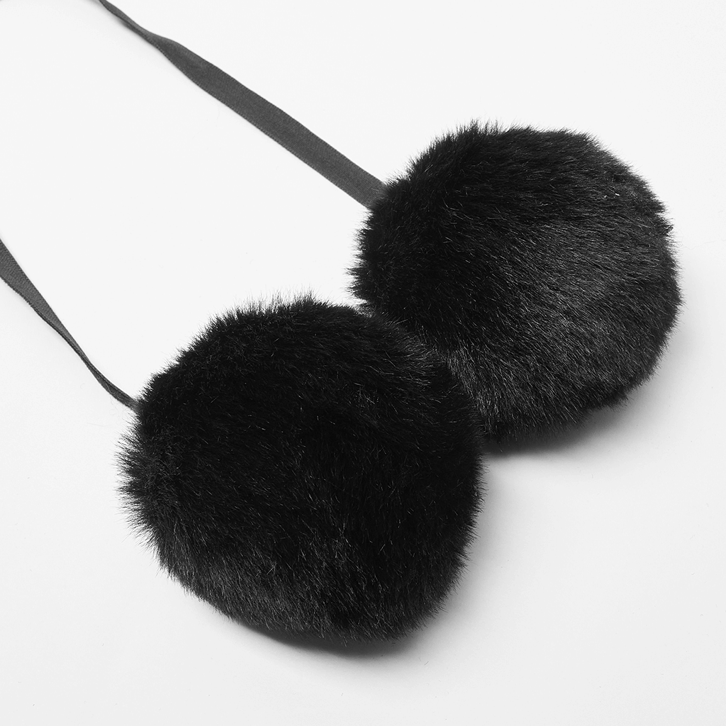 Luxurious black fur balls with ribbon bindings for a whimsical addition to your Victorian-inspired outfit.