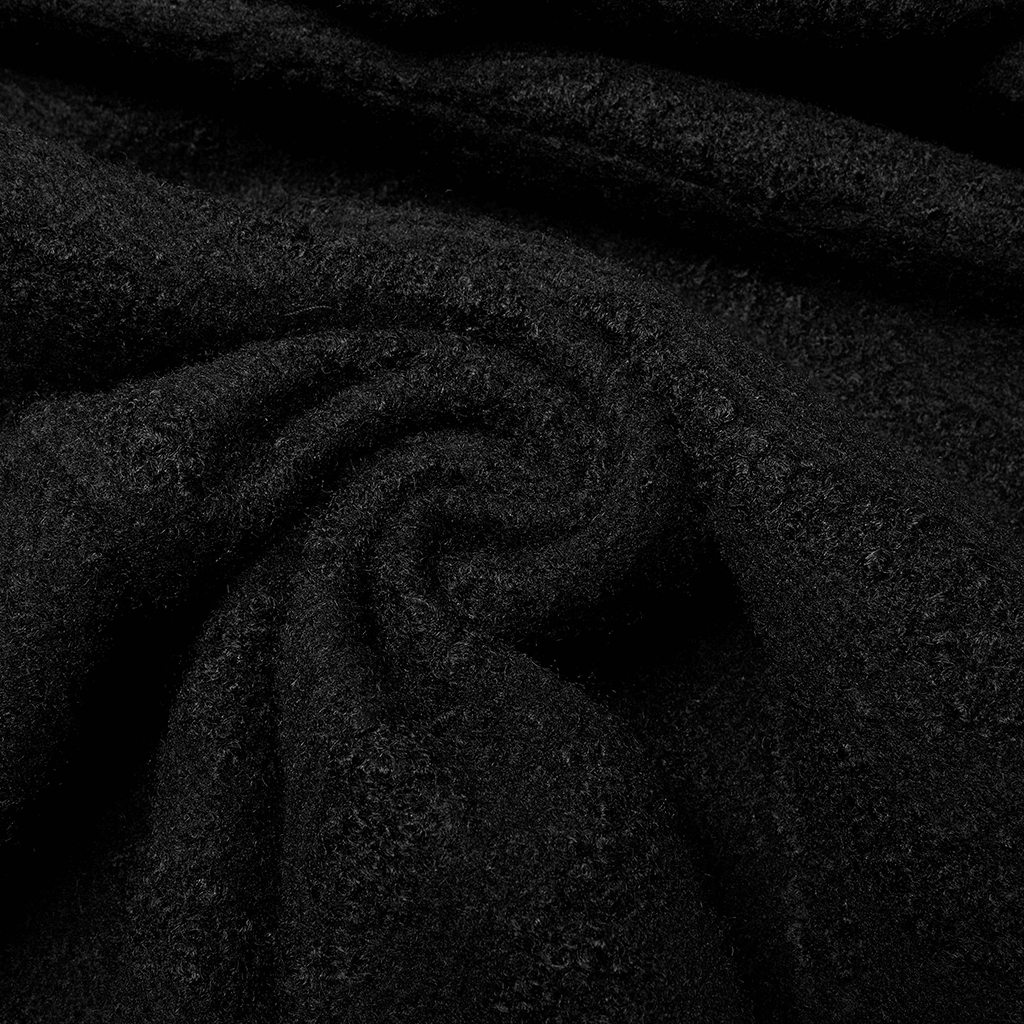 Close-up of soft black wool fabric, perfect for a Victorian-inspired goth coat with detachable fur collar.
