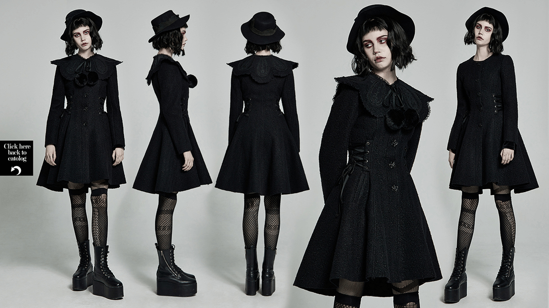 Victorian-inspired detachable fur collar coat with whimsical fur ball cap, showcased in gothic fashion.