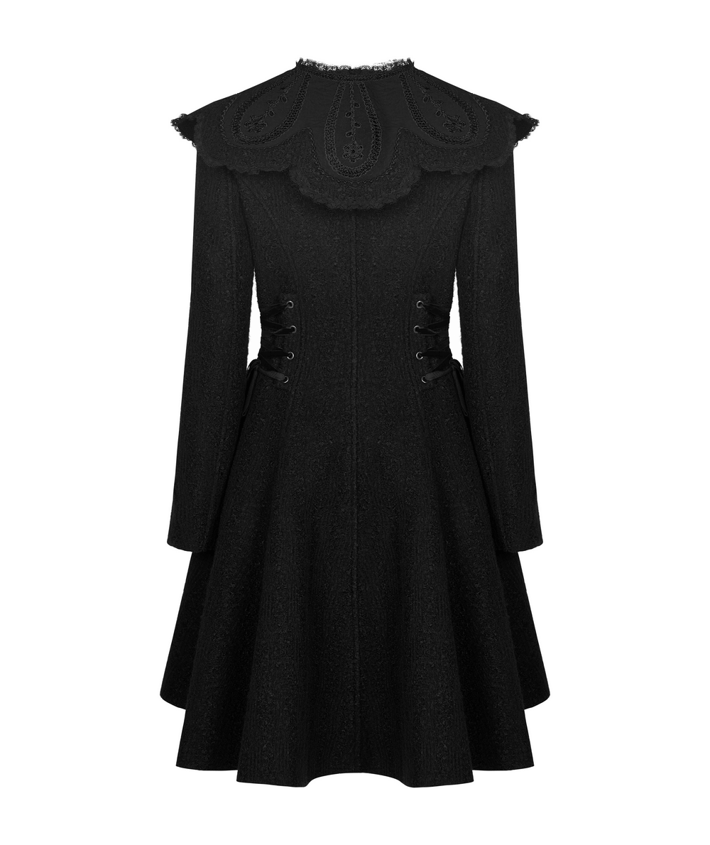 Elegant Victorian-inspired black coat with detachable collar and flared skirt, perfect for goth fashion enthusiasts.