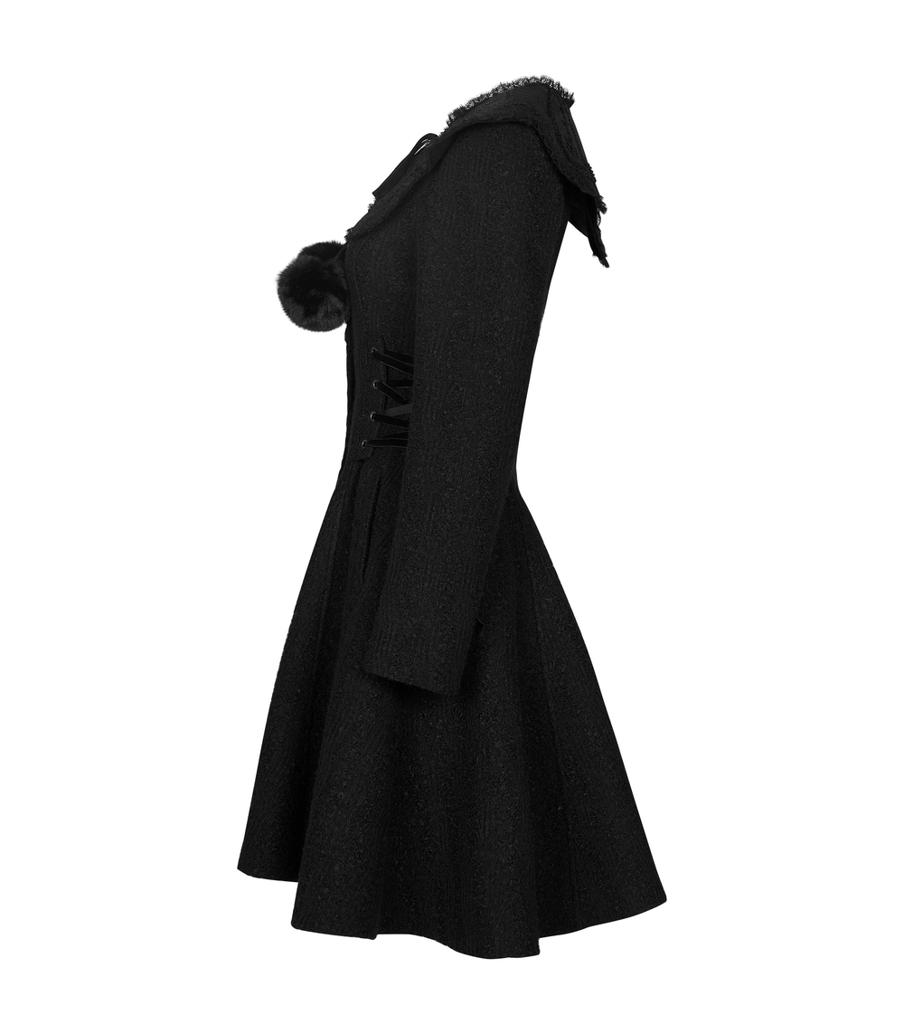 Victorian-inspired detachable fur collar coat in elegant black wool, showcasing a stylish side view with fitted waist.