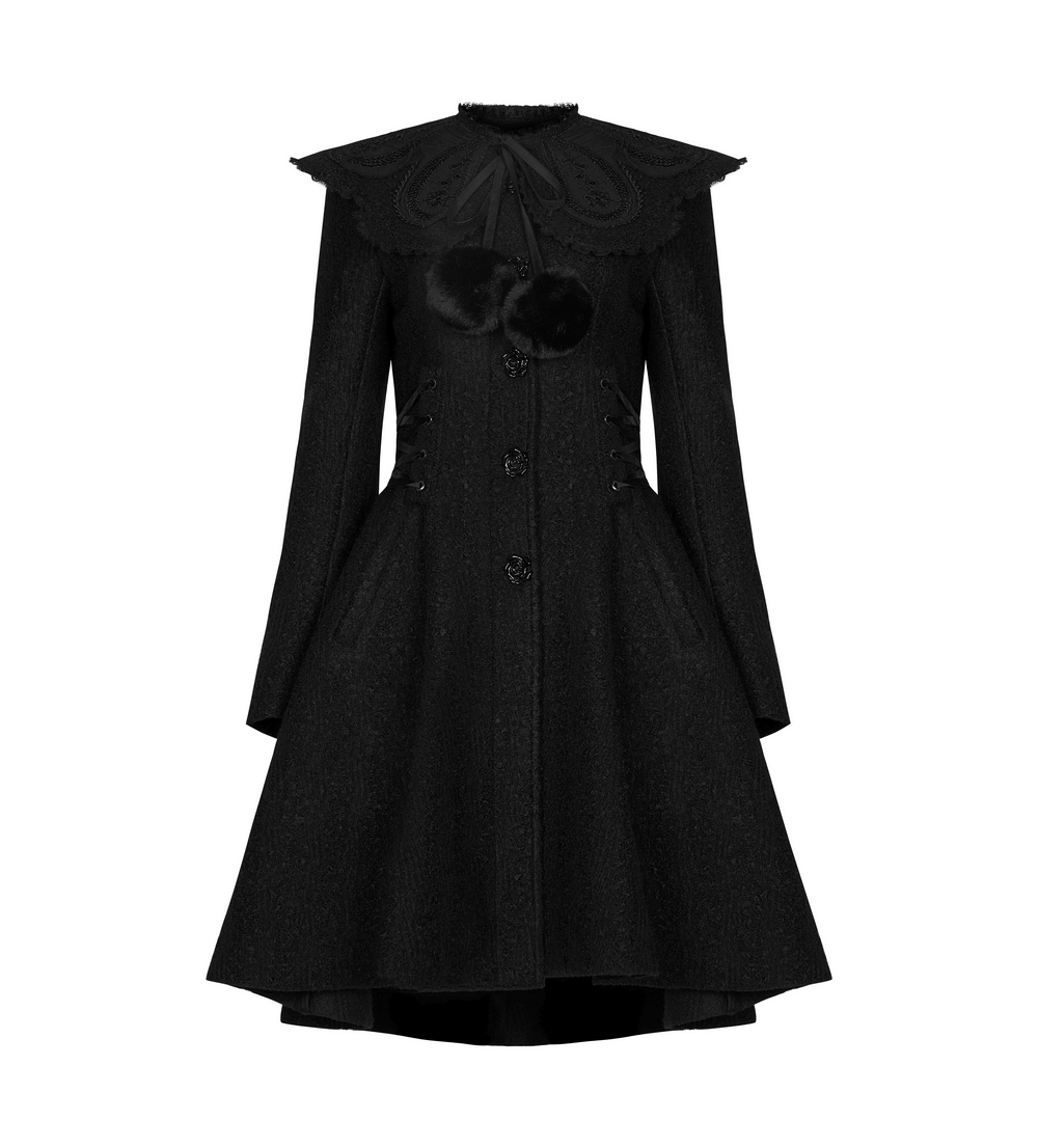 Victorian-inspired detachable fur collar coat in black, featuring stylish buttons and whimsical fur ball detail.
