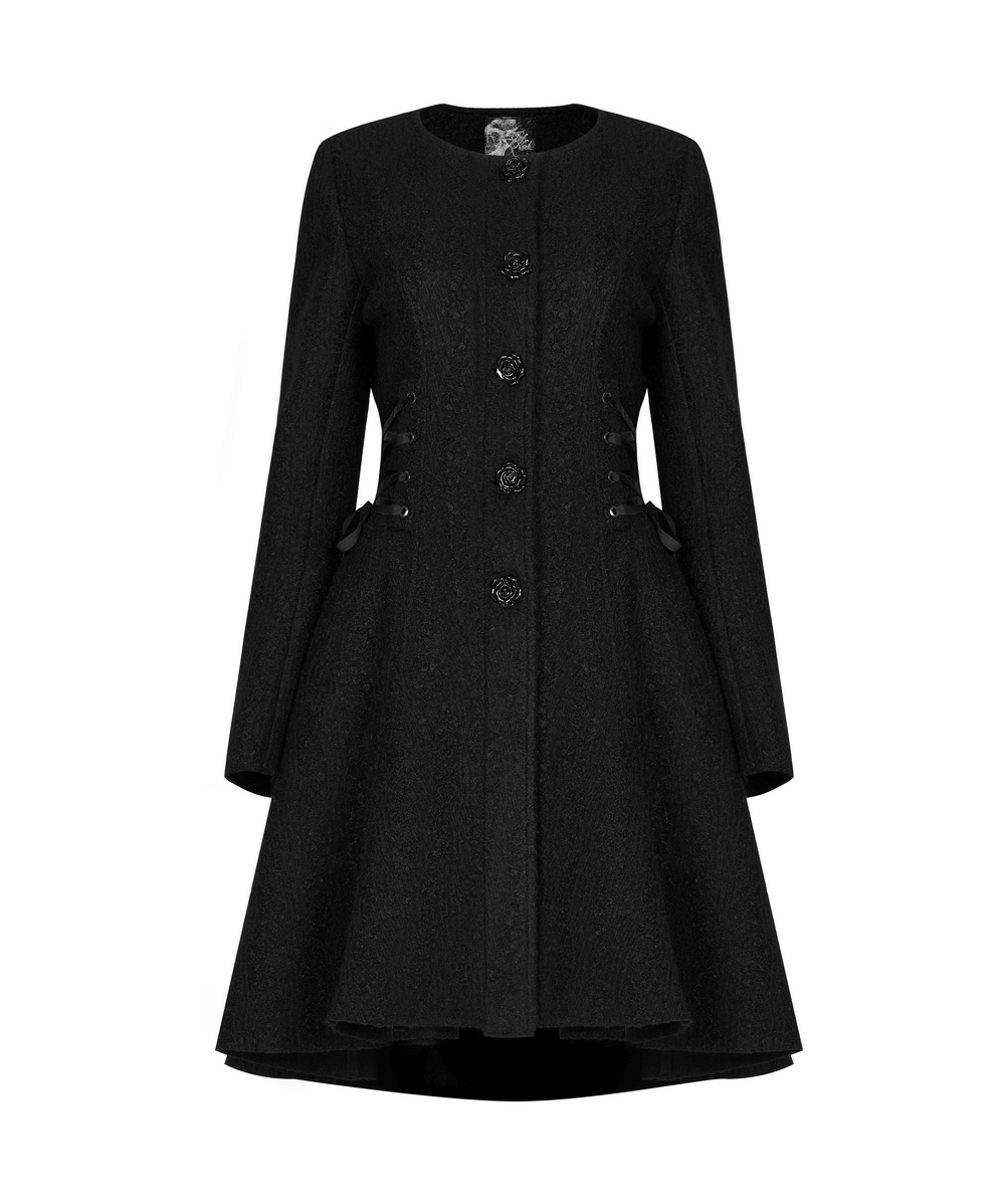 Victorian-inspired black woollen coat with retro rose buttons and detachable fur collar for gothic elegance.