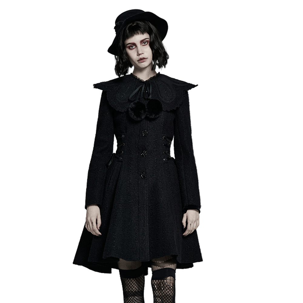 Victorian-inspired woollen coat with detachable fur collar, elegant goth fashion, featuring retro rose buttons and whimsical design.