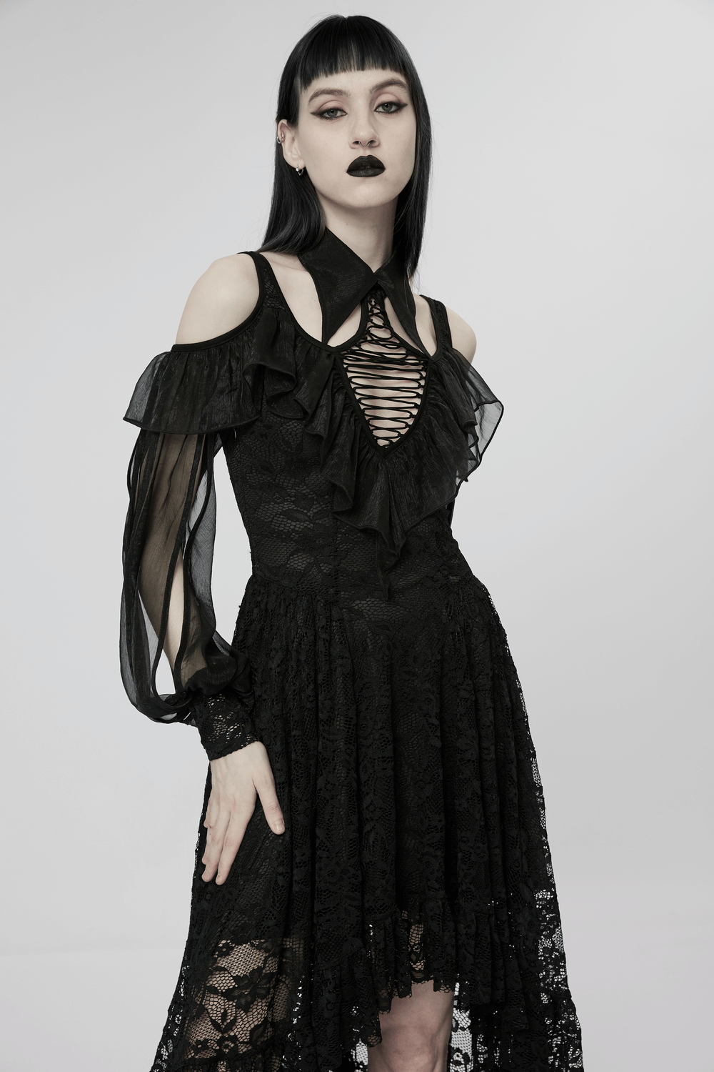 Victorian-inspired goth lace maxi dress featuring off-the-shoulder design and ruffled sleeves, perfect for romantic styles.