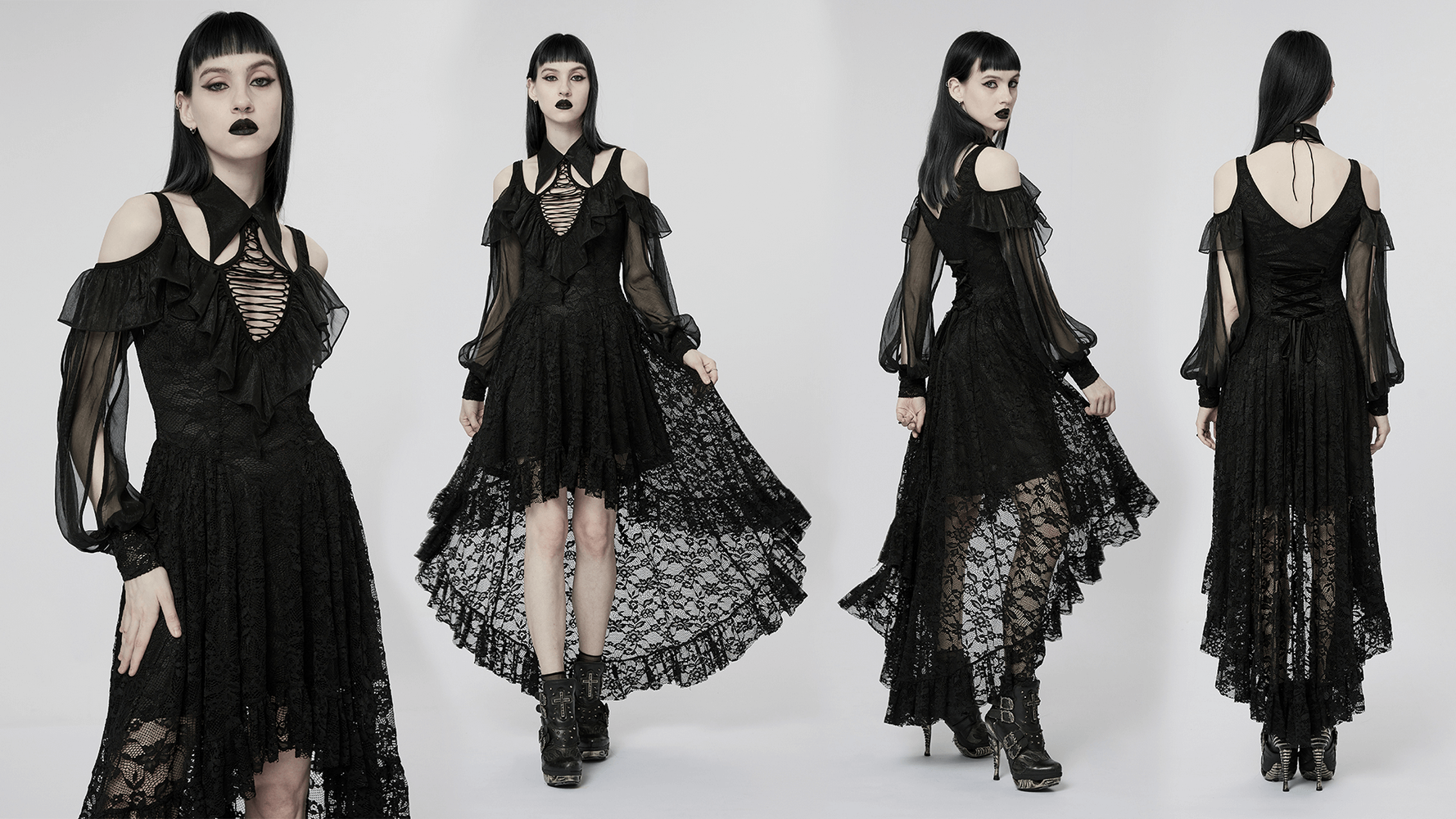 Victorian-Inspired Gothic Lace Maxi Dress showcasing elegant off-the-shoulder design and flowy lace skirt.