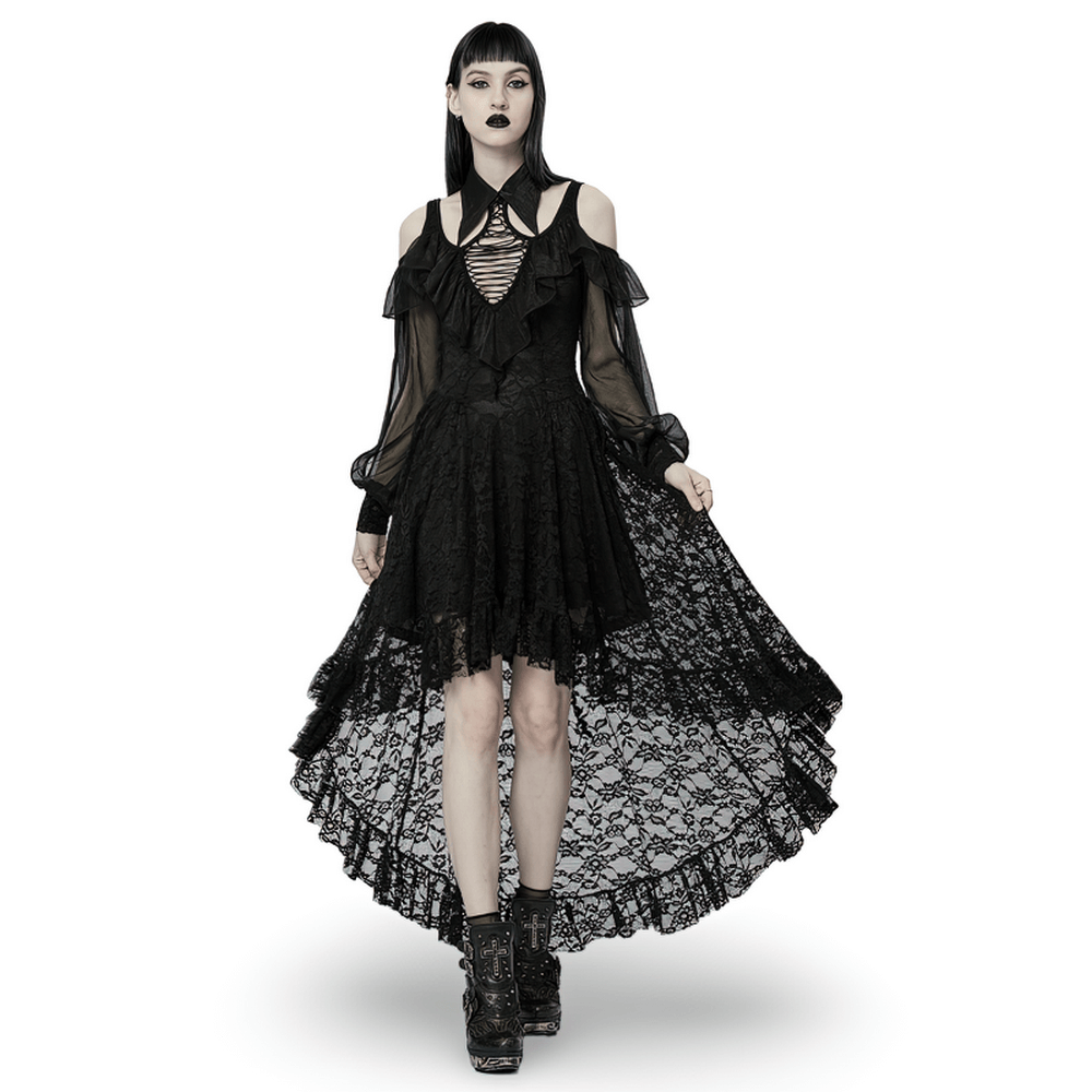 Victorian-Inspired Goth Lace Maxi Dress showcasing romantic black lace, off-the-shoulder design, and elegant flowy silhouette.