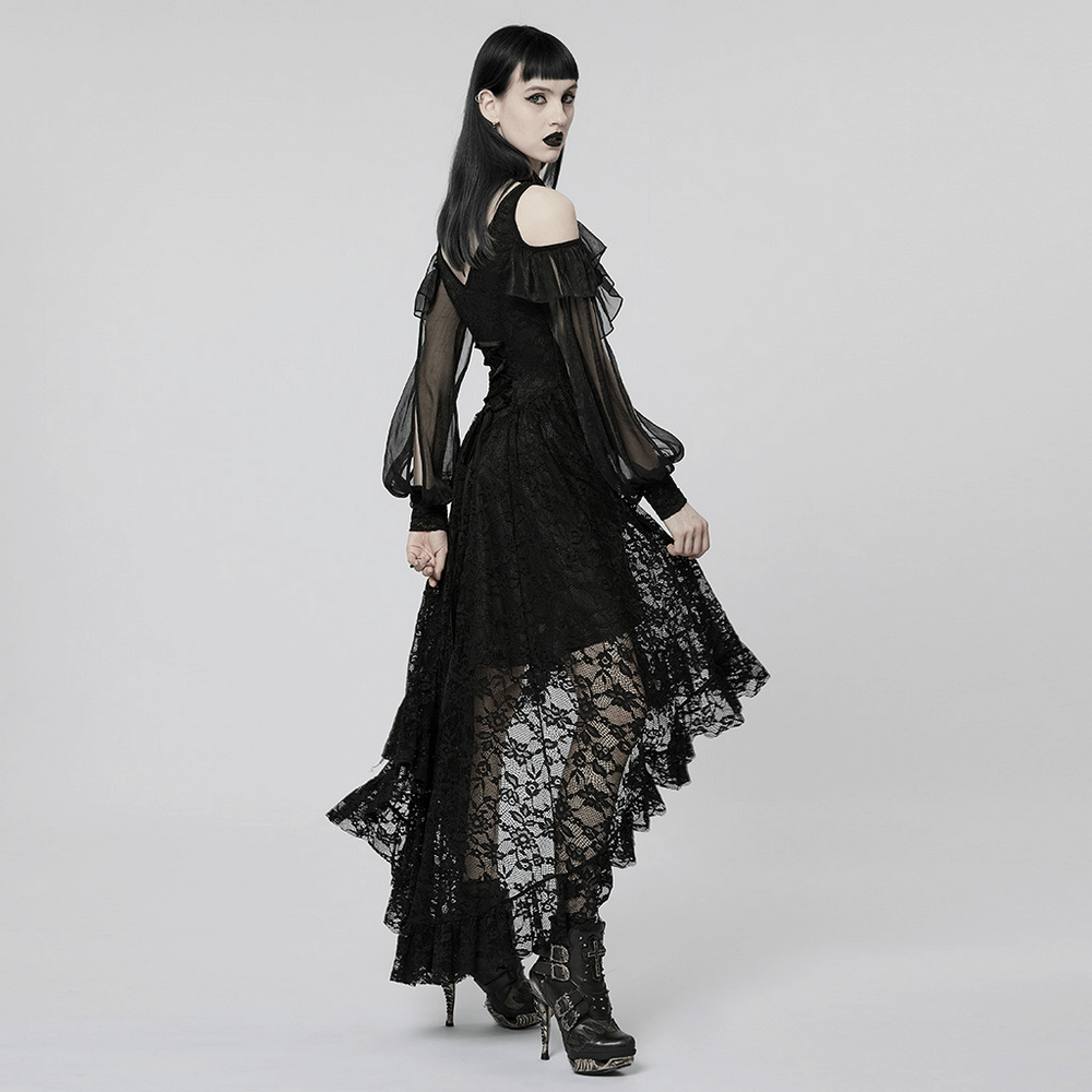 Victorian-inspired goth lace maxi dress showcasing elegant off-the-shoulder style and flowing design from the back.