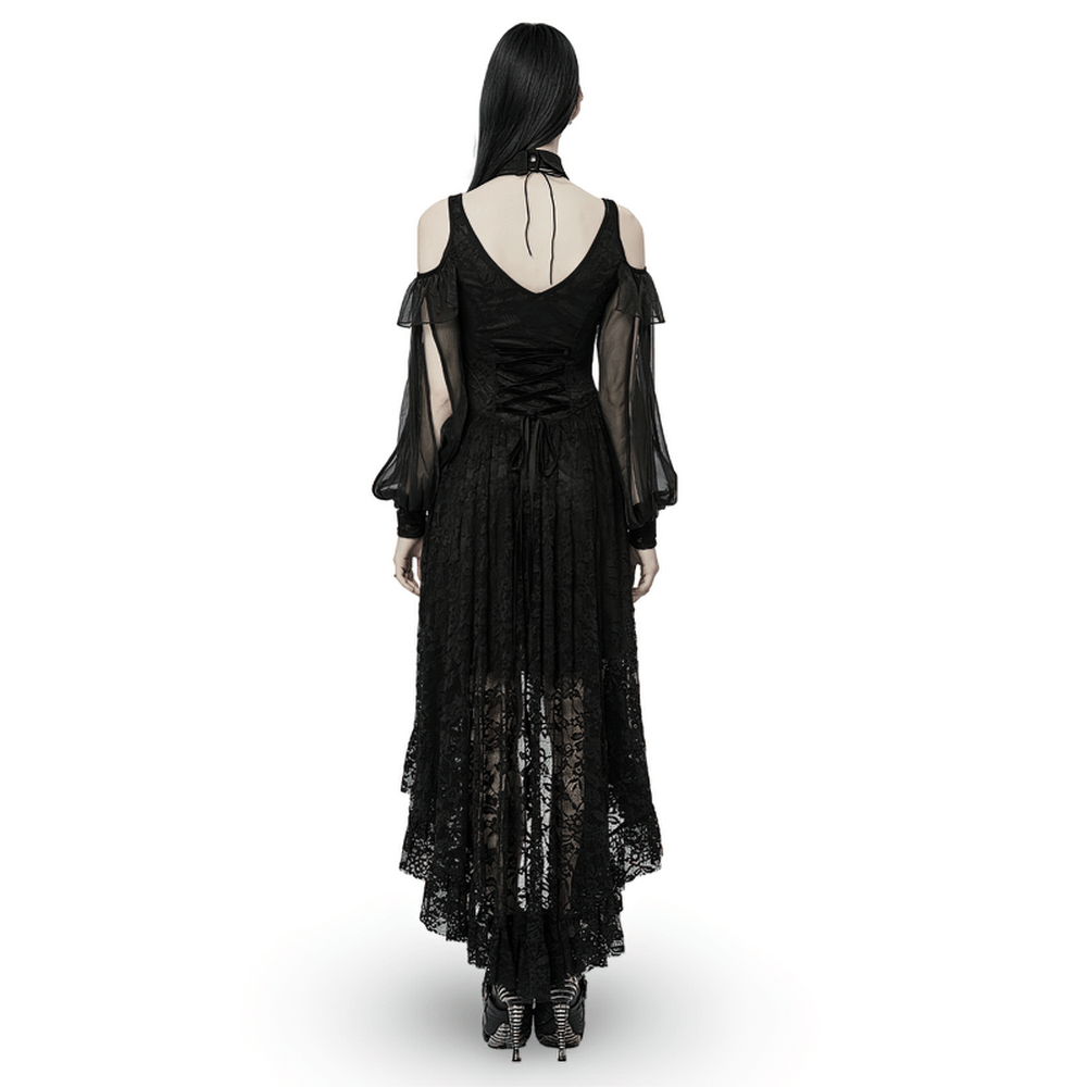 Elegant back view of Victorian-Inspired Goth Lace Maxi Dress with off-the-shoulder sleeves and lace detailing.
