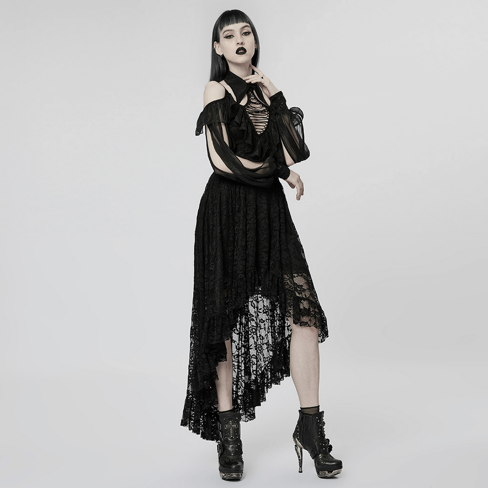 Woman in elegant Victorian-inspired goth lace maxi dress with off-the-shoulder design and high-low hem.