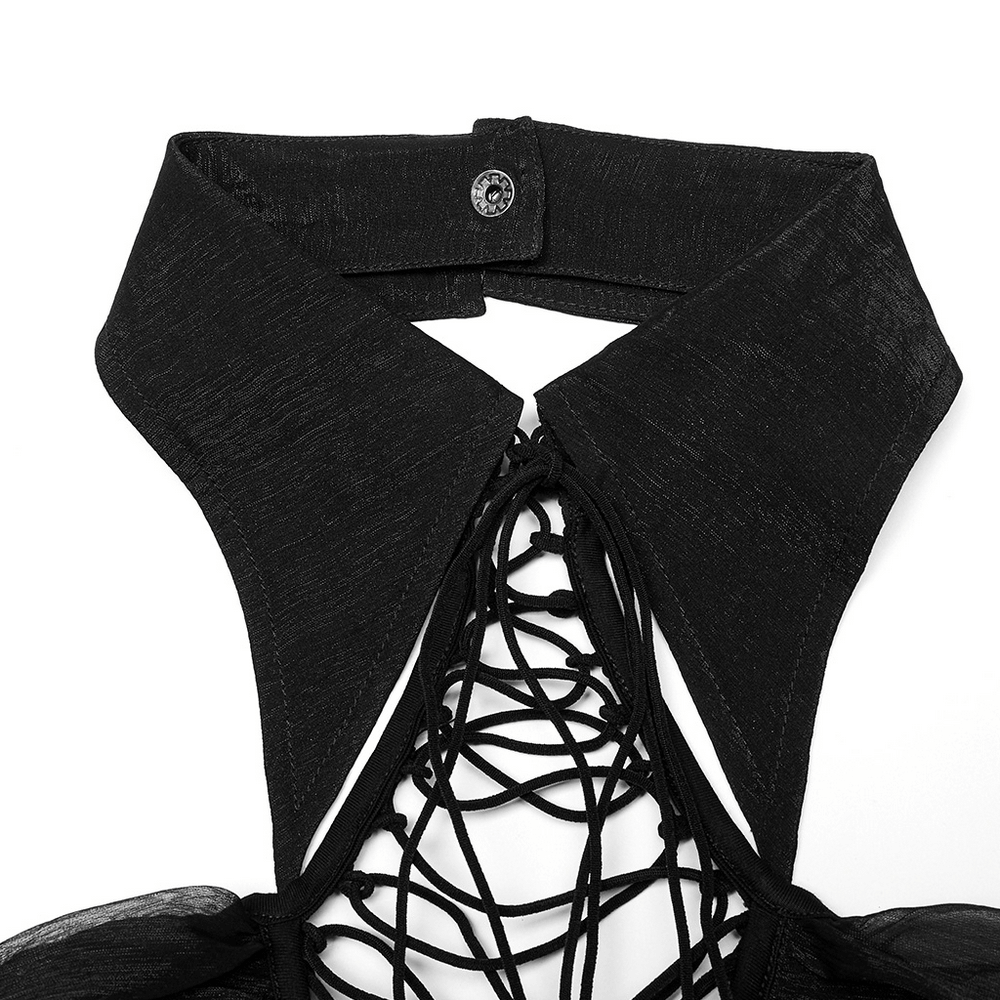 Close-up of the collar and lace detailing on a Victorian-Inspired Goth Lace Maxi Dress in black.
