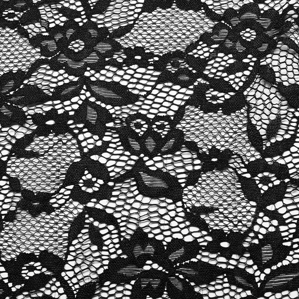 Close-up of intricate black lace floral pattern for a Victorian-inspired goth dress.