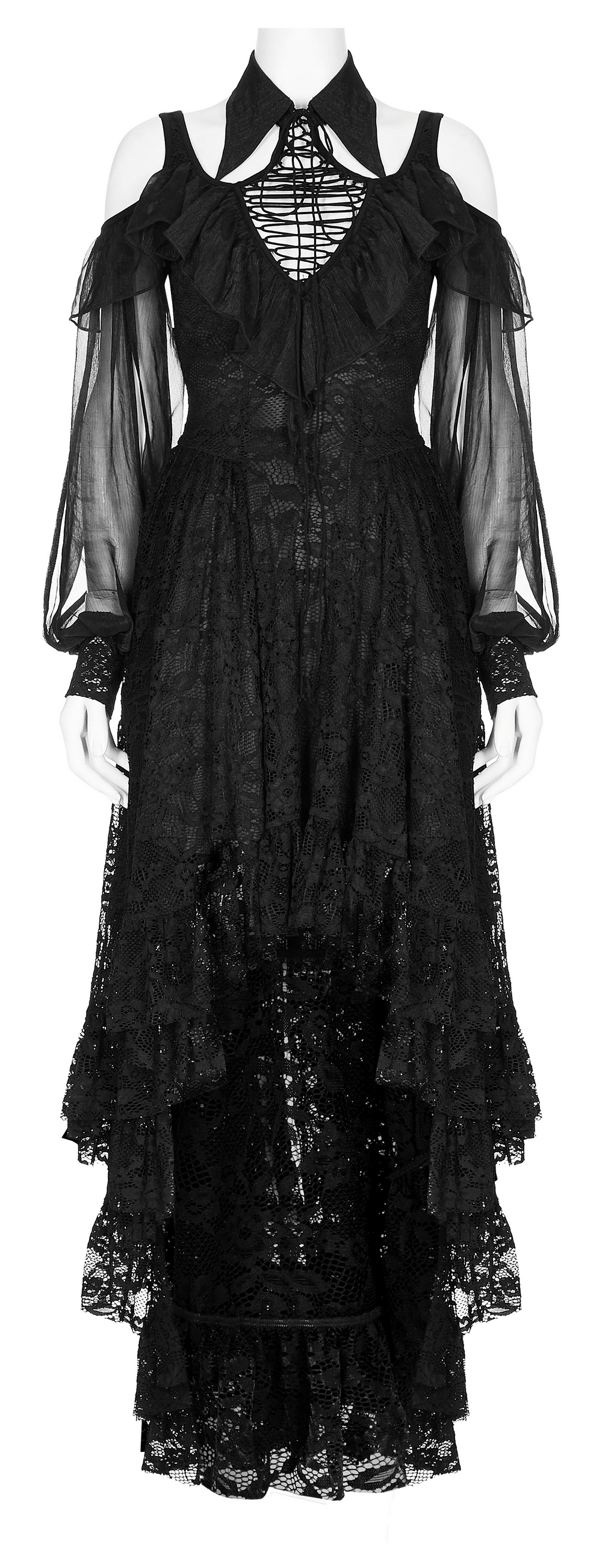 Victorian-Inspired Goth Lace Maxi Dress with off-the-shoulder design and elegant lace details.