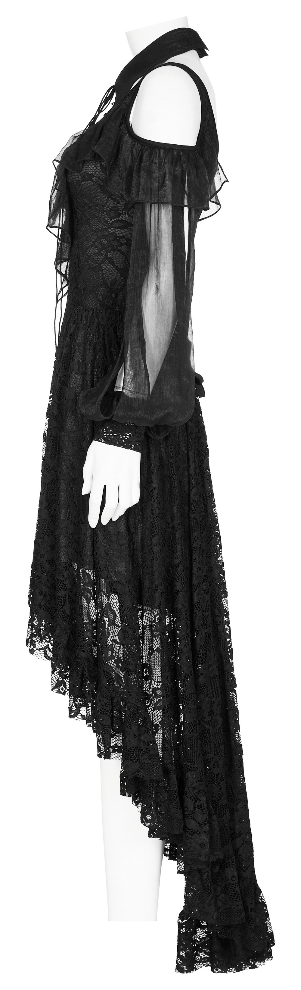 Victorian-Inspired Goth Lace Maxi Dress showcasing elegant off-the-shoulder design and flowing lace details.