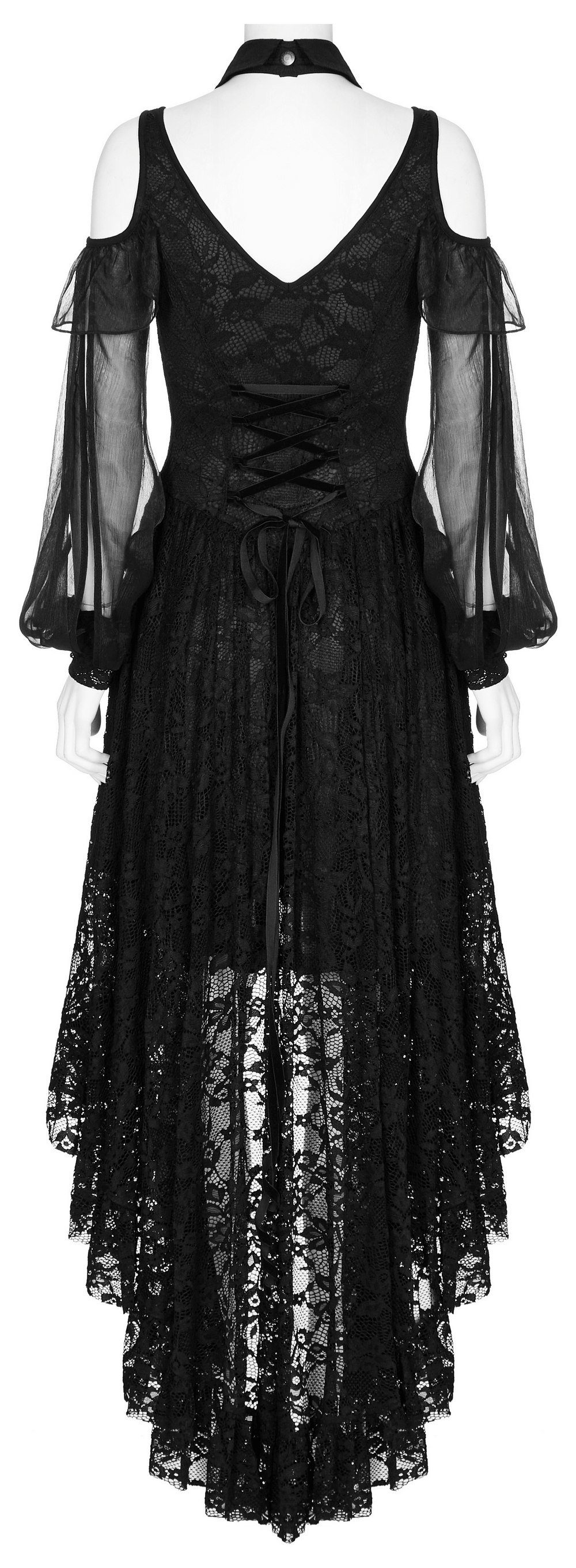 Elegant Victorian-Inspired Goth Lace Maxi Dress with cold shoulders and lace detailing, perfect for romantic occasions.