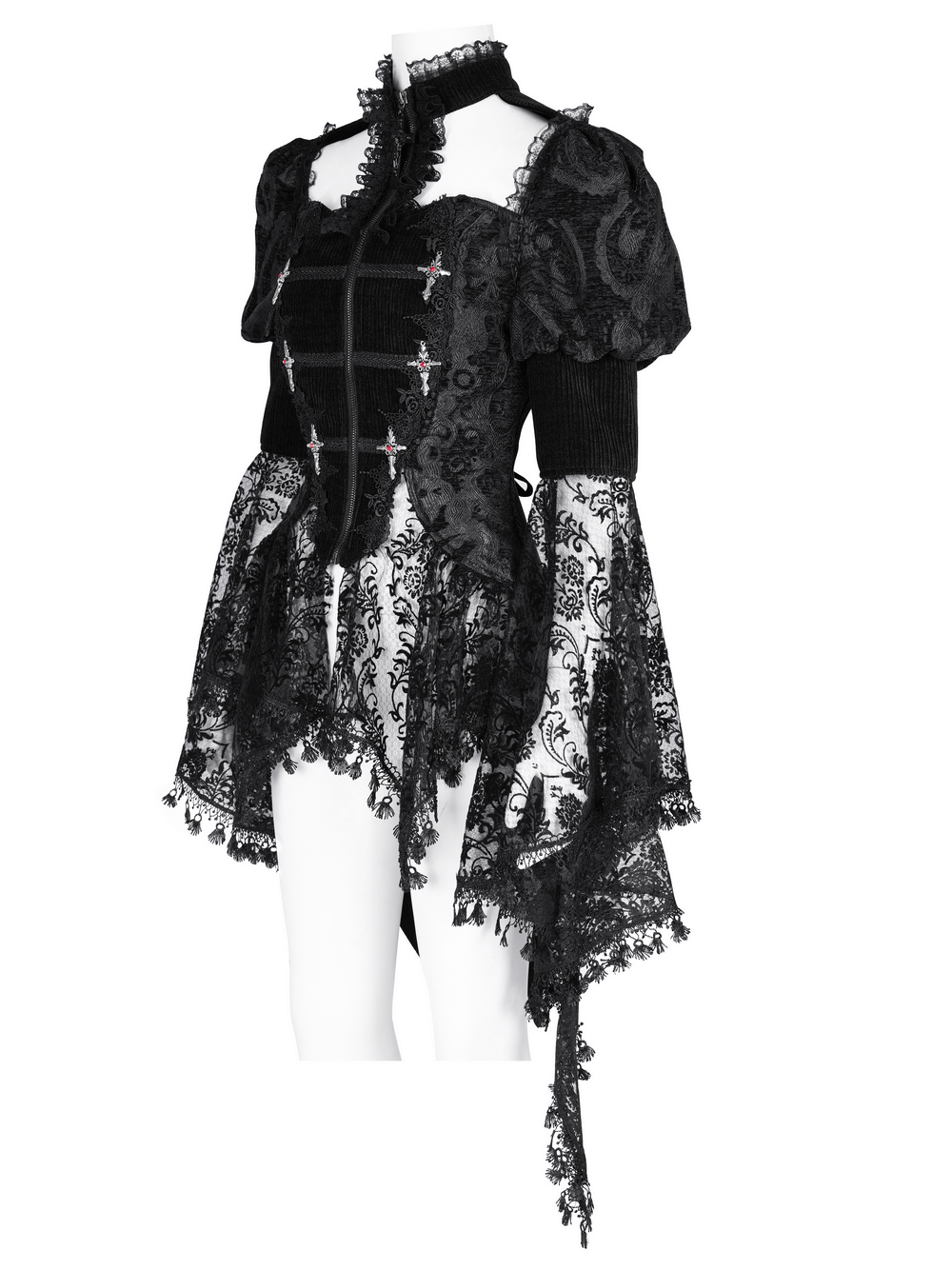 Victorian-inspired Gothic lace blouse with bell sleeves and corset details, perfect for steampunk and cosplay.