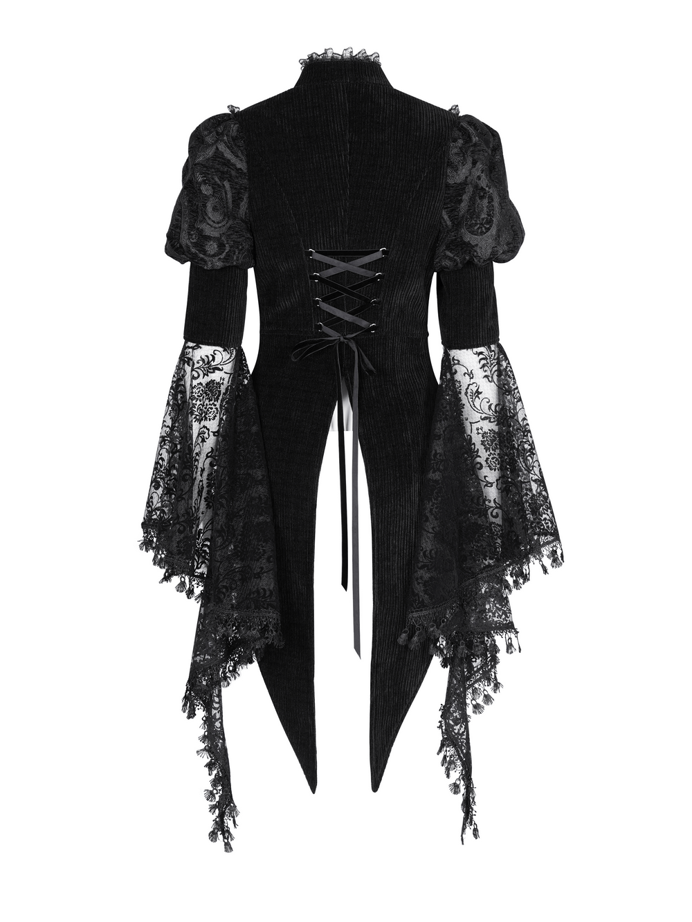 Victorian-inspired Gothic lace blouse with bell sleeves and corset detailing, ideal for steampunk fashion.