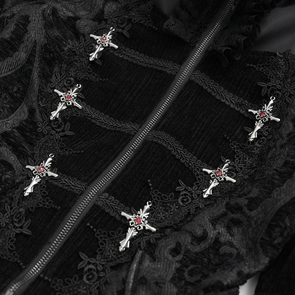 Victorian-inspired gothic lace blouse with intricate floral lace and silver embellishments.