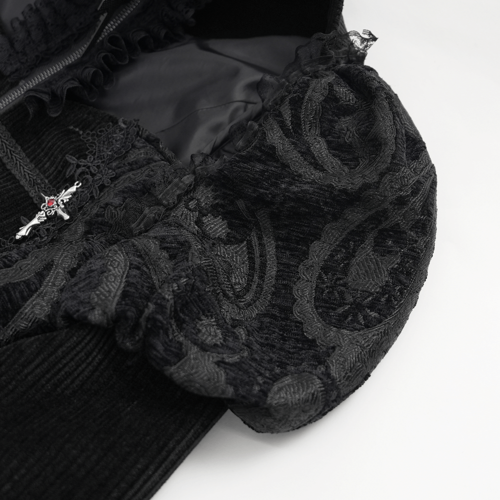 Close-up of Victorian-inspired Gothic lace blouse showcasing intricate black lace and bell sleeves details.