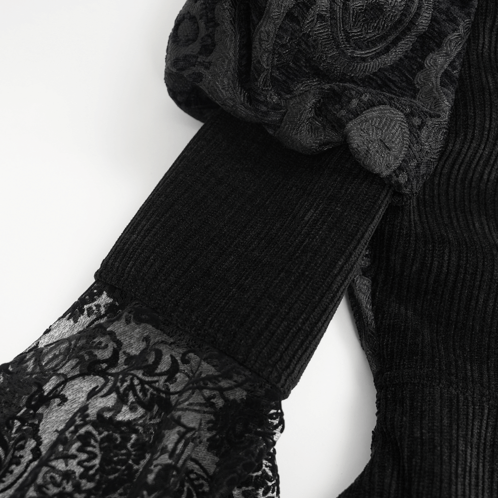 Close-up of elegant Gothic lace blouse sleeves featuring black floral lace and classic bell cuffs.