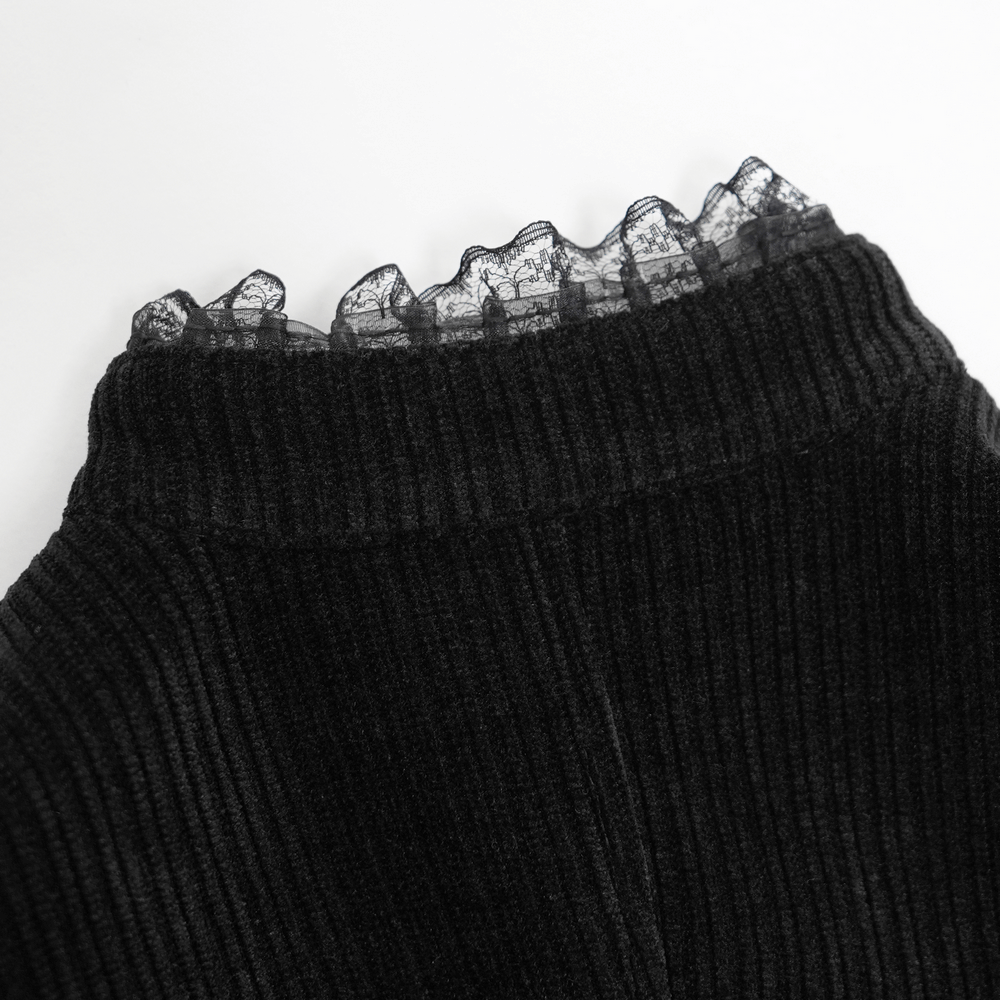 Close-up of a black ribbed top featuring a delicate lace ruffle neckline, perfect for gothic or vintage-inspired outfits.