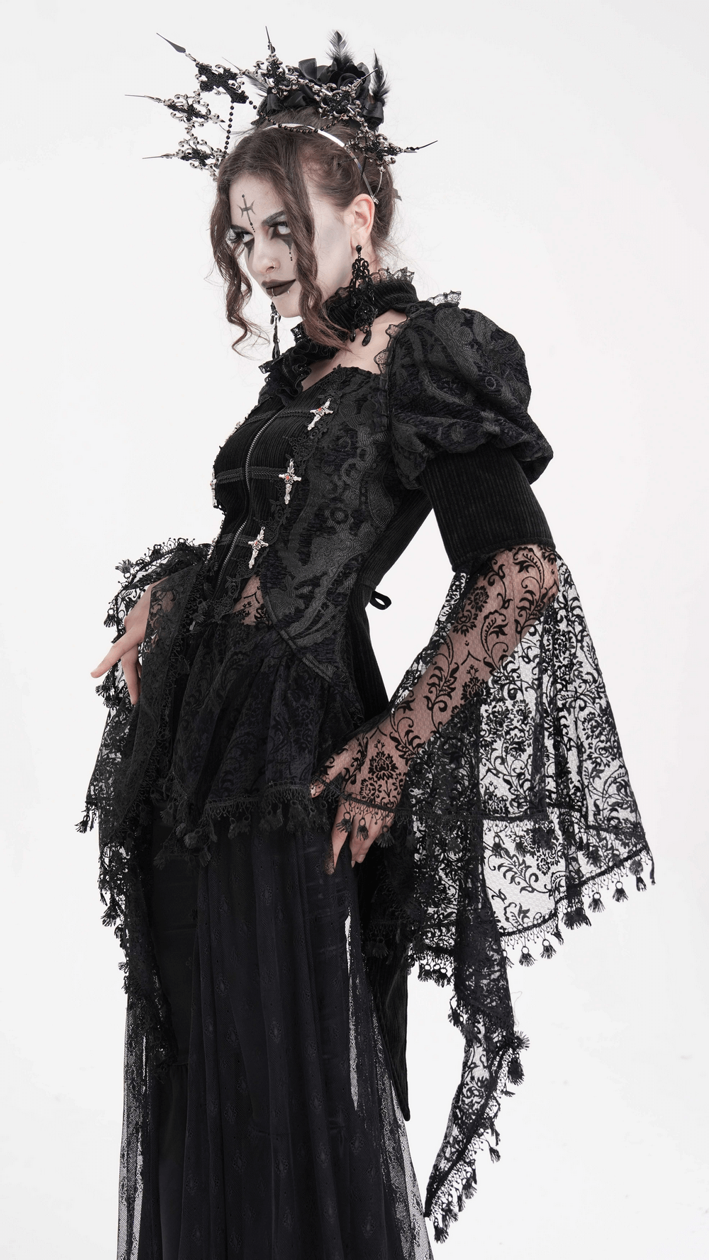 Victorian-Inspired Gothic Lace Blouse with Bell Sleeves