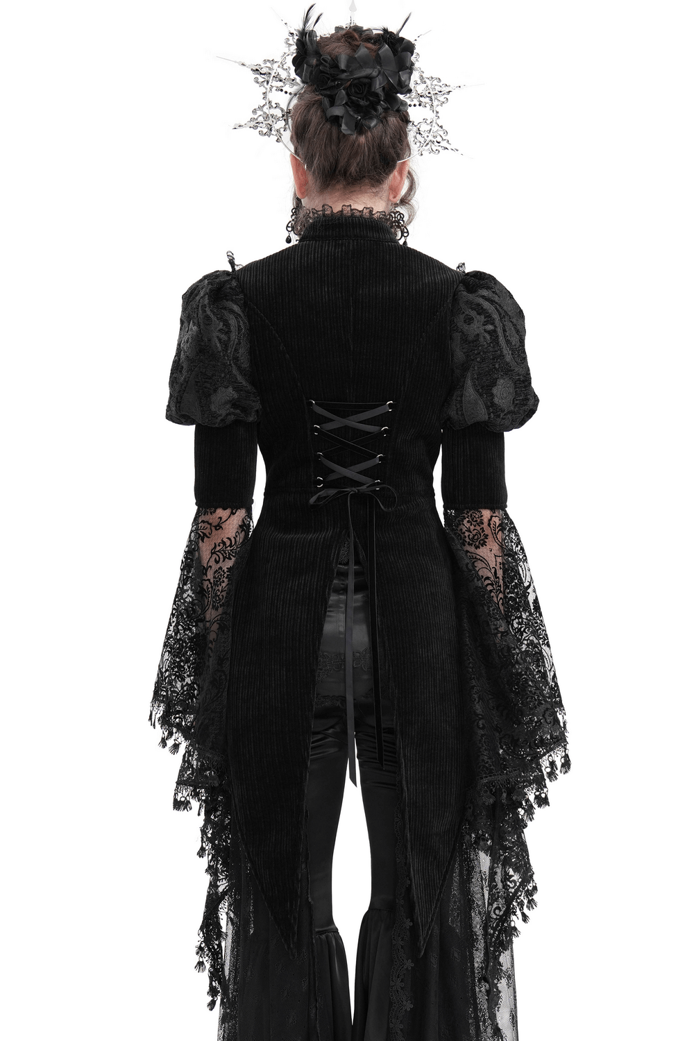 Back view of a Victorian-inspired gothic lace blouse with bell sleeves and corset lacing, perfect for steampunk fashion.