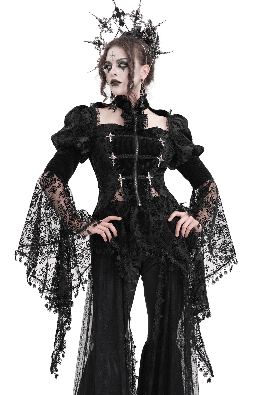 Victorian-inspired gothic lace blouse with bell sleeves, intricate floral lace, and dramatic black detailing.