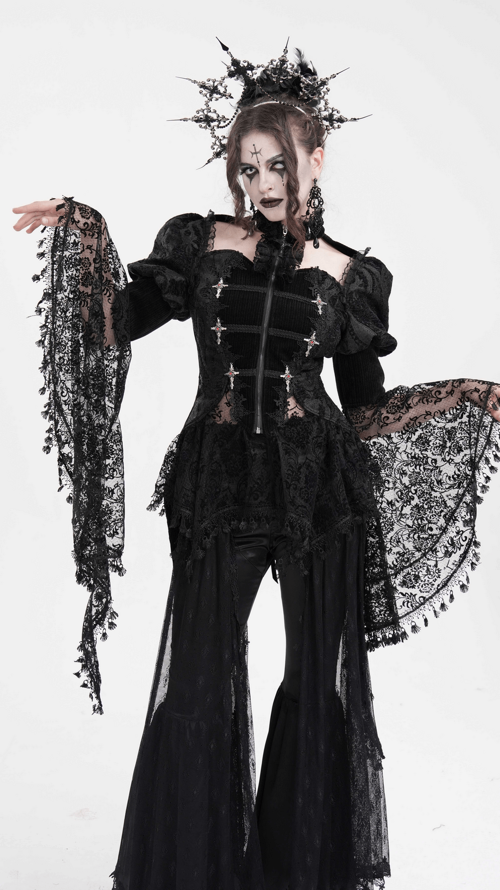 Victorian-Inspired Gothic Lace Blouse with Bell Sleeves