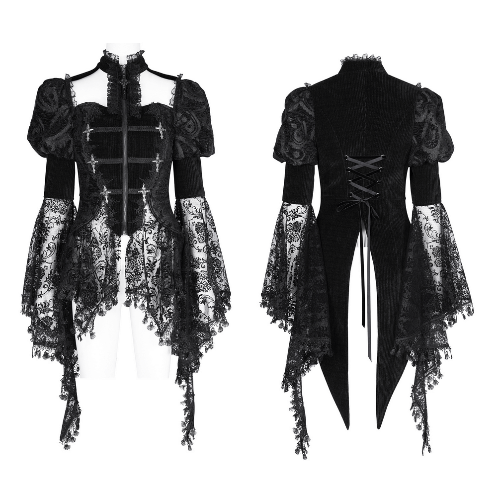 Victorian-inspired gothic lace blouse with bell sleeves and corset detailing, perfect for steampunk fashion.