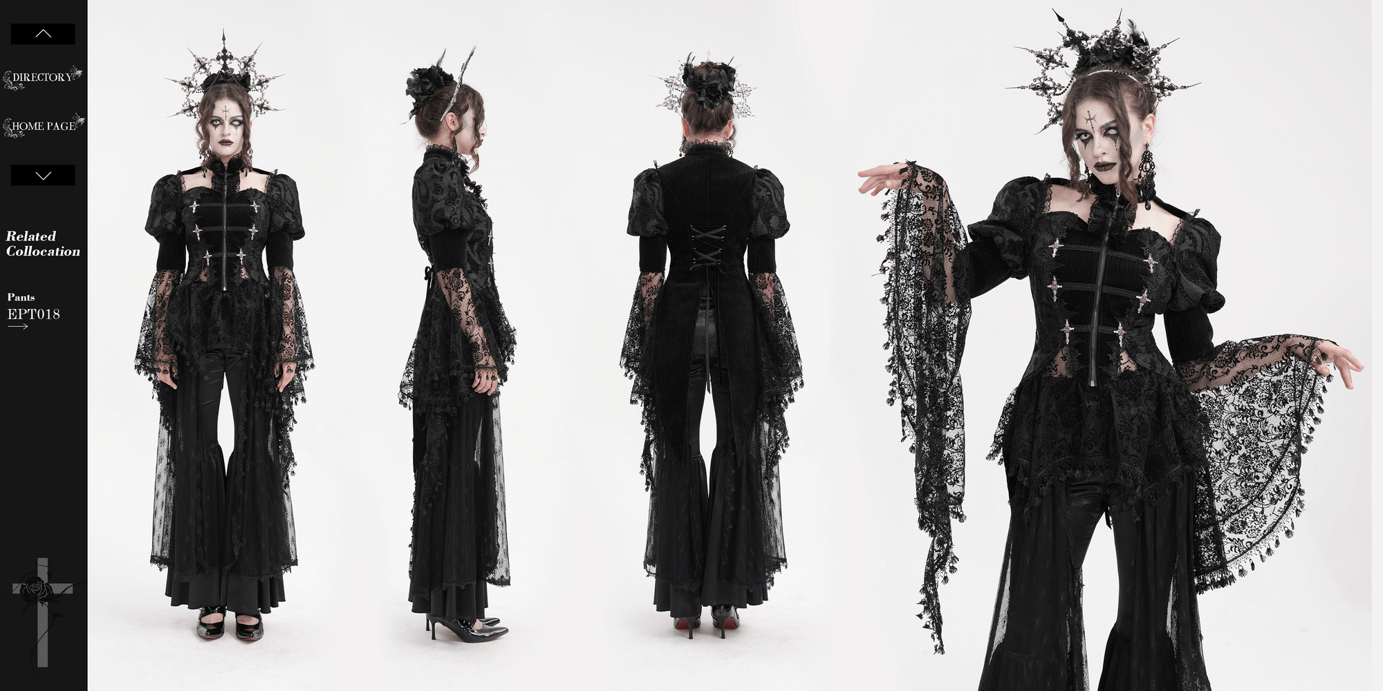 Elegant gothic model showcasing a black Victorian-inspired lace blouse with dramatic bell sleeves and unique accessories.