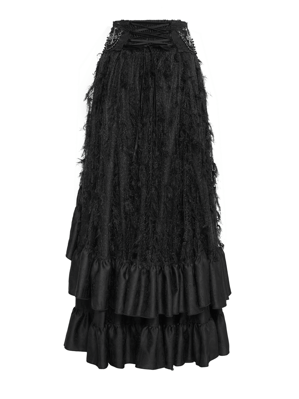 Victorian-Inspired Gothic Ruffle Skirt with Cross Details featuring layered satin ruffles and corset-style lacing.