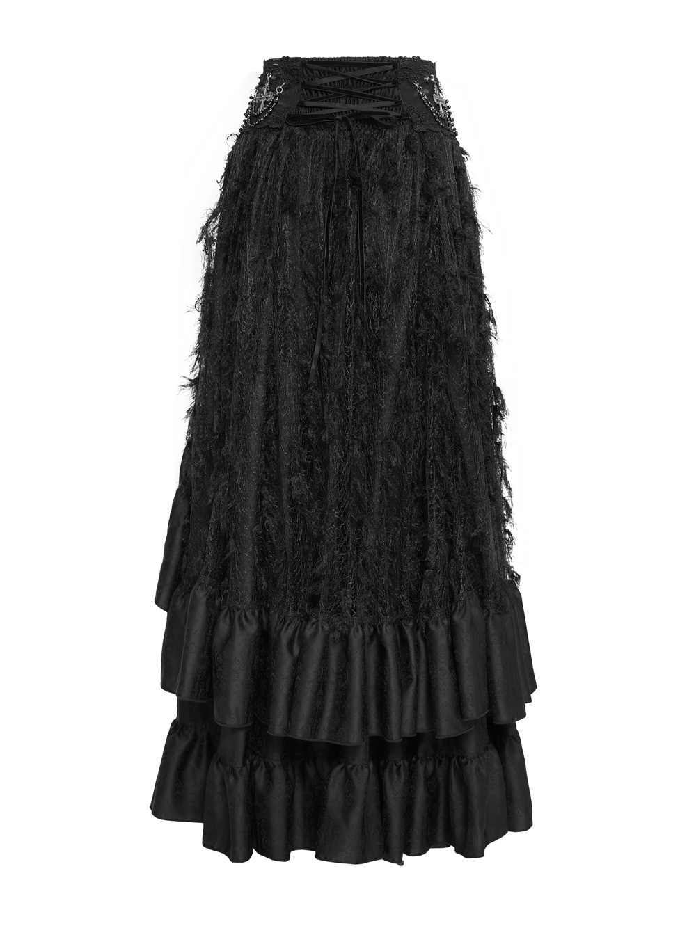 Victorian-Inspired Gothic Ruffle Skirt with Cross Details featuring layered satin ruffles and corset-style lacing.