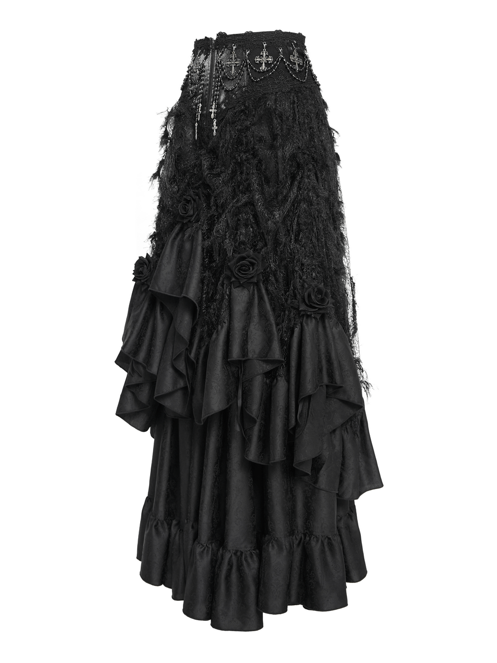 Victorian-Inspired Gothic Ruffle Skirt with Cross Details featuring black satin ruffles and roses.