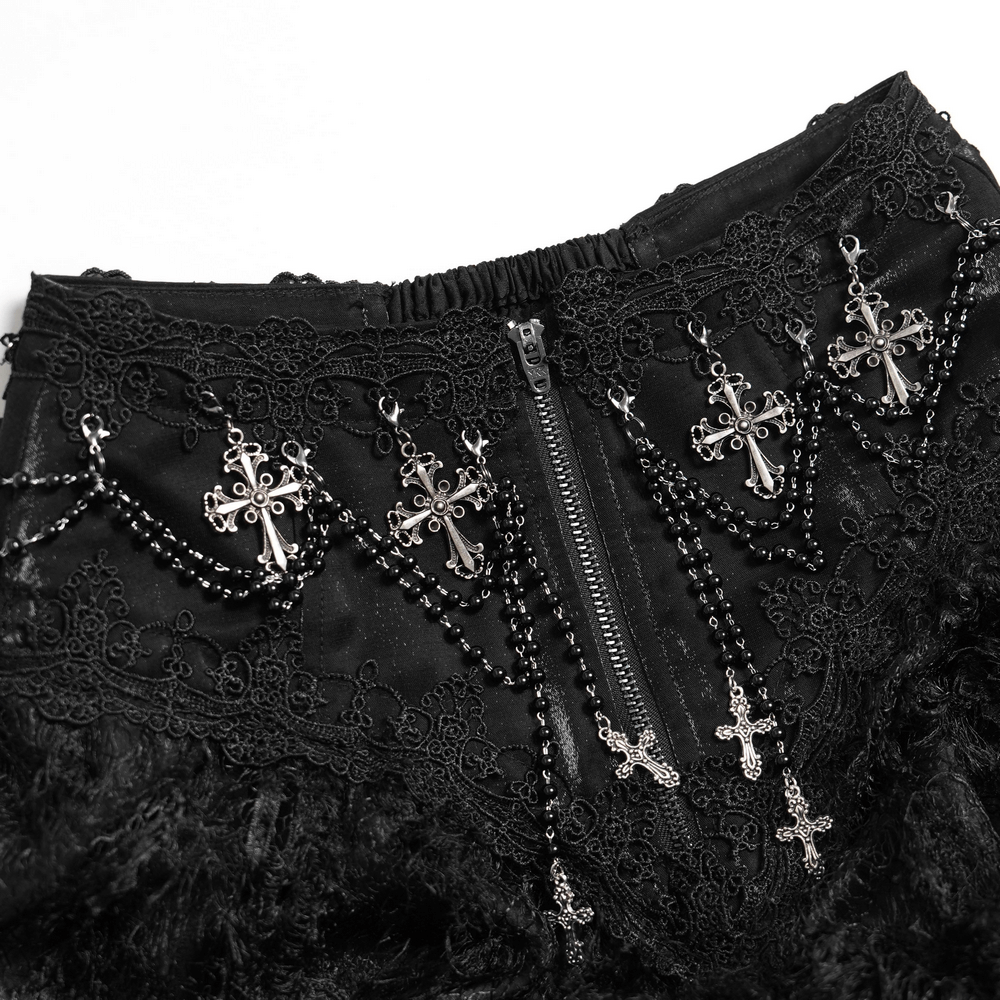 Victorian-Inspired Gothic Ruffle Skirt with Cross Details featuring silver cross embellishments and lace trim.