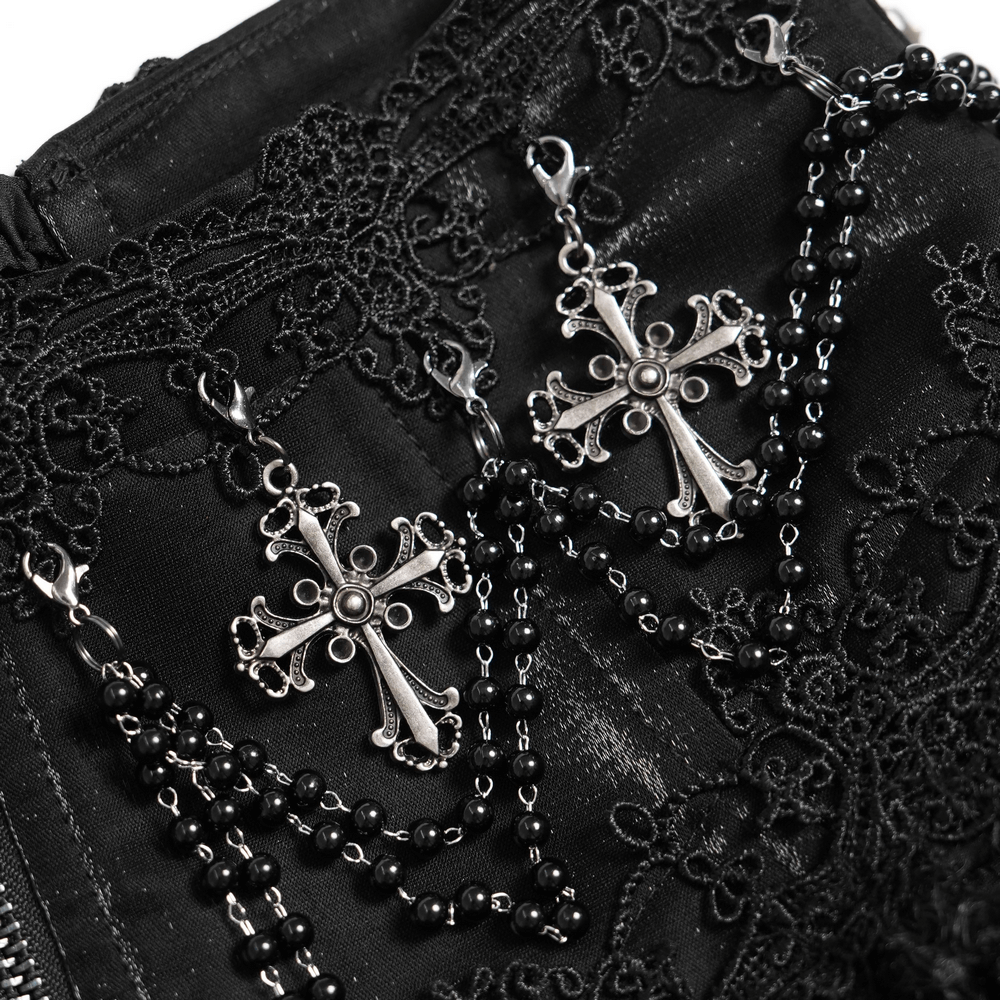 Victorian-Inspired Gothic Ruffle Skirt with Cross Details featuring silver cross embellishments on black lace.